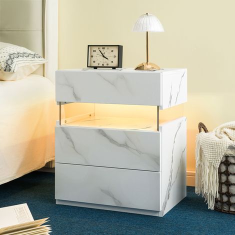 Table de chevet LED avec 3 tiroirs et panneau en acrylique, meuble moderne pour chambre ou salon, blanc effet pierre