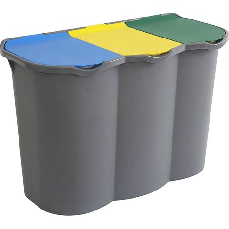 Pattumiera per la raccolta differenziata 3 scomparti - Capacità 80 litri e misura 74x35x55 cm - Anelli ferma sacchetto, secchio per spazzatura con coperchi azzurro, giallo e verde (1/5)