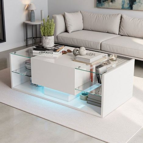 Table basse blanche 100x50x35 cm - verre trempé, tiroir & LED intégrées, style scandinave (1/5)