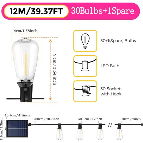 (12 m, 30 ampoules) Guirlande lumineuse solaire d'extérieur, avec télécommande, étanche à l'eau et à la poussière IP65, adaptée aux jardins. (1/5)