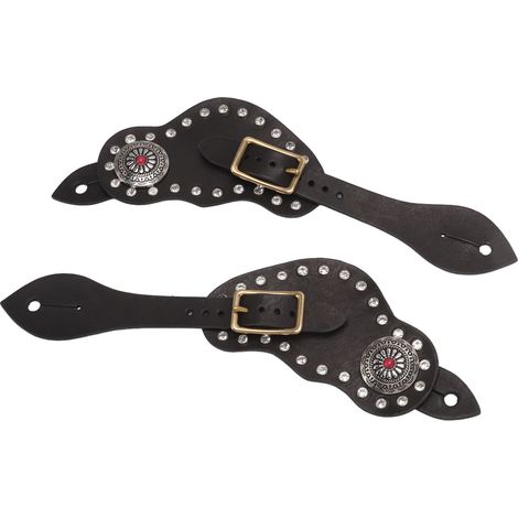 paire de sangles d'éperons en cuir noir avec strass, style western vintage, pour l'équitation en extérieur. (1/5)