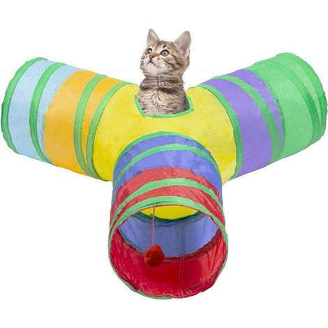 Tunnel Pour Chats - Tunnel Interactif 3 Voies Avec Balle Suspendue - Pour Chats Chiens Nains Et Lapins - Portable Et Pliable - 1 Pièce (1/5)