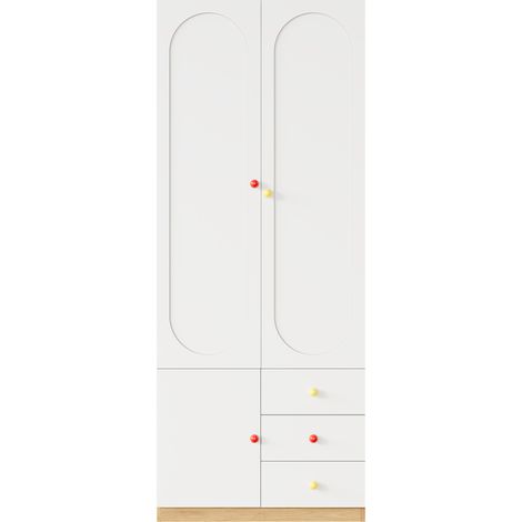 CAIziArmoire à 2 portes avec tiroirs, armoire de rangement pour chambre, meuble pour chambre d'enfant, avec tringle à vêtements, poignées en céramique colorées, blanc, surface laquée, 80×45×200 cm