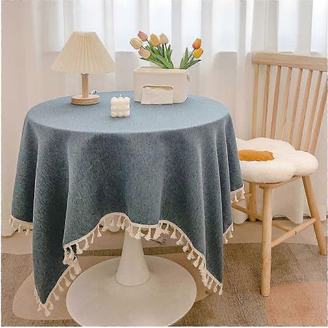 Nappe ronde en coton et lin avec franges lavable couleur unie pour la décoration de la cuisine et de la salle à manger - 60 x 90 cm - Cyan (1/5)