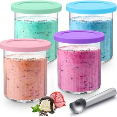 Passende Eisbecher für Ninja Creami, 4er-Pack Eisbehälter mit Deckel und Löffel, wiederverwendbarer Eisbecher, kompatibel mit Ninja Deluxe-Eismaschinen der NC501- und NC500-Serie