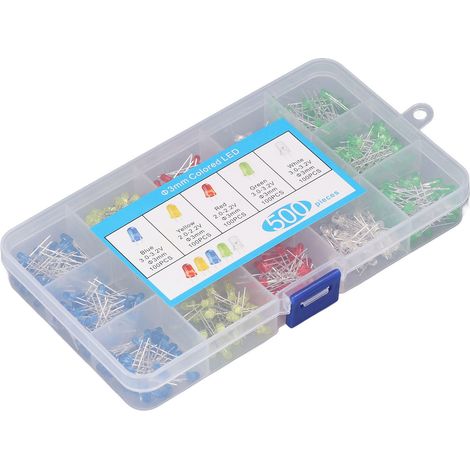 500 LED de 3 mm rouges, jaunes, bleues, vertes et blanches, conditionnées en boîtes de 100 pièces de chaque couleur. (1/5)