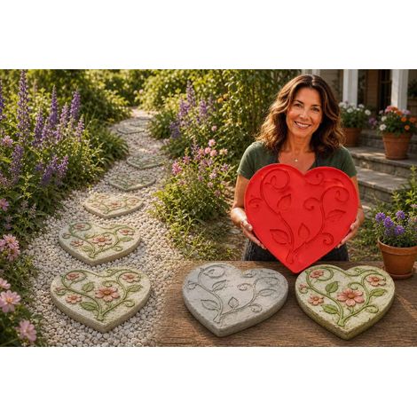 Moule à marches décoratives réutilisable pour jardin, grand moule en silicone de 4,8 m (15,7 pi), décoration de jardin et d'allée à faire soi-même, pot de fleurs en ciment en forme de cœur. (1/5)