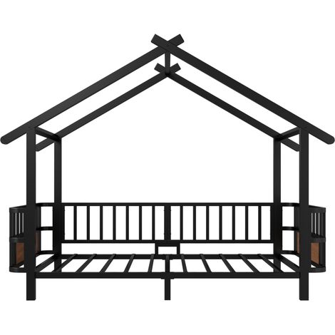 Letto bambino in metallo a forma di casa 90 x 200 cm con barriera di sicurezza nera (1/5)