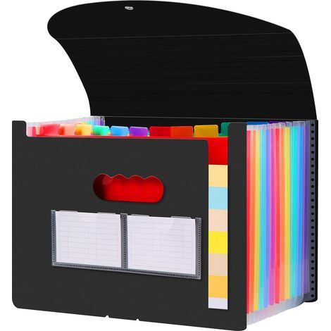 Office Document Holder, Administrative Paper Storage, 12 Compartments, Expanding A4 Document Organiser with Cover, Accordion File Folders (Black) (1/5)