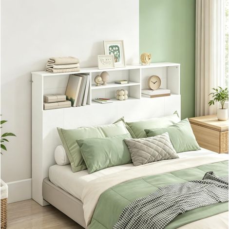 Cabecero 140x19x103,5 cm de MDF y paneles de madera blanco con almacenaje FloraGrace (1/5)