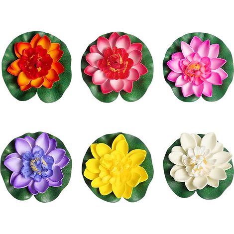 Lot de 6 lotus artificiels en mousse (10 cm), nénuphars flottants pour fontaines et petits bassins, 6 couleurs