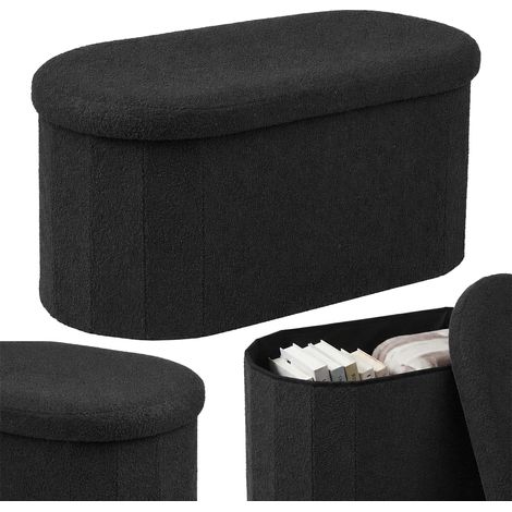 Relaxdays bench, teddy fabric, storage, upholstered, hallway, bedroom, H x W x D: 38x76x38 cm, bouclé, black (1/5)