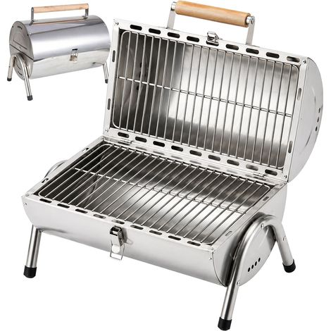 Barbecue de table Relaxdays, 2 grilles 34 x 21,5 cm, camping & outdoor, pliable et fumoir, poignée bois, inox, argent (1/5)
