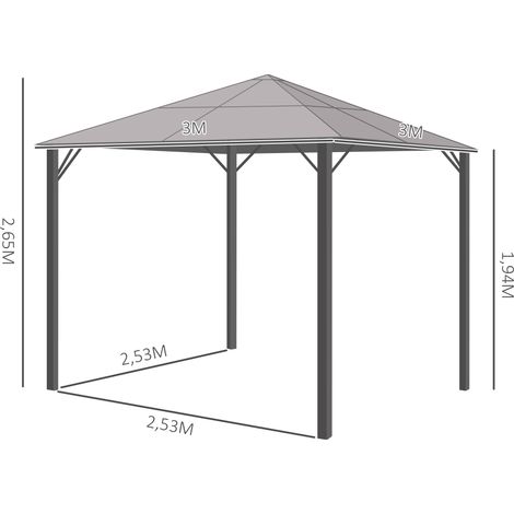 Pavillon mit Polycarbonatdach, Vorhänge mit Fliegennetz, Alugestell, dunkelgrau, 3 x 3 m (1/5)