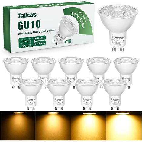 Ampoule GU10 LED Dimmable, Blanc Chaud 3000K, 7W, Lot de 10 équivalente 50W halogène, 500LM, faisceau 38°, Économie D'énergie, CRI 80, pour éclairage intérieur (1/5)