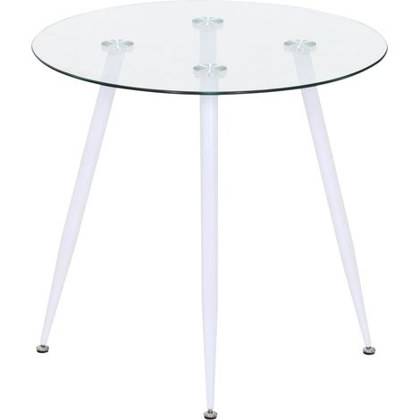 MOG CASA Mesa de Comedor Fija Redonda Corin 80 x 80 x 75 cm Ideal para Cocina o Salon Materiales Resistentes Tablero de Cristal Transparente Patas de Metal en Blanco (1/5)