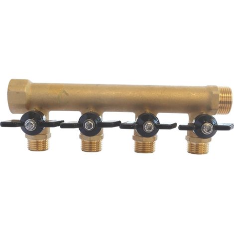laiton 4 départs Mâle 15/21 avec mini-vannes 1/4 de tour, entrée Femelle 20/27, sortie Mâle 20/27, idéal pour installations sanitaires et chauffage (1/5)
