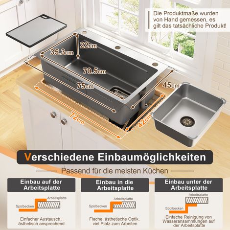 75x45cm große Einbauspüle aus Edelstahl mit Schneidebrett,zusätzlichem Innenbecken und Siebkorb,PVD-beschichtete Küchenspüle,Wasserfall-Ablauf,geräuscharme Konstruktion und 3 Armaturenlöchern (1/5)