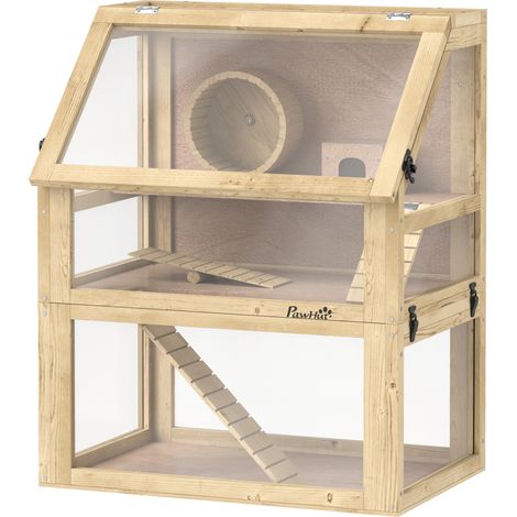 Cage Hamster Rongeur à 3 Niveaux, Fond Amovible, Cabane, Balançoire, 60x40x75cm, Finition Bois Naturel (1/5)