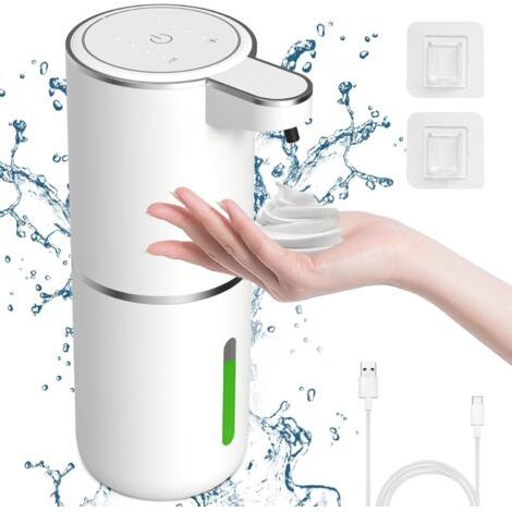 Distributeur automatique de savon moussant, 380 ml, sans contact, 4 niveaux de pression réglables, rechargeable par USB-C, pour salle de bain, cuisine et bureau.