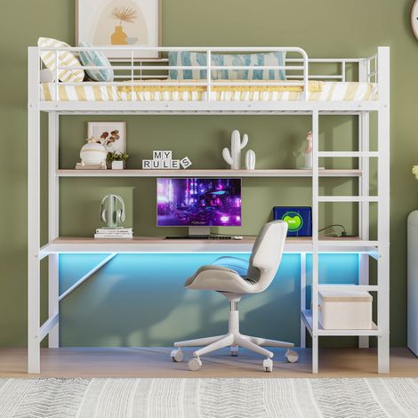 MEUBLIV Hochbett 90x200 cm weiß – Schreibtisch, LED, USB und Steckdose, ohne Matratze (1/5)
