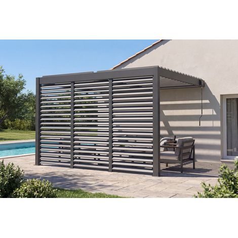 Pergola bioclimatique adossée 3x2m PIANA aluminium gris anthracite avec 3 persiennes brise-vue