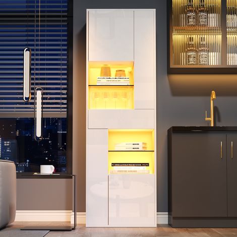 Vitrine, en verre, 1 tiroirs, éclairage LED, blanc, 55 x 38 x 170 cm, pour salon, 1 tiroir + 4 armoires, format pratique