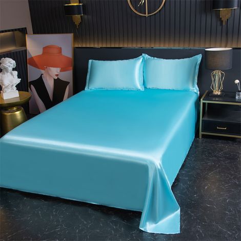 Draps Housse 180x230 cm avec 2 Taies d'Oreiller, Housse de Lit en Glace Soie Fraîcheur pour Été, Couleur Bleu Eau Unie (1/2)
