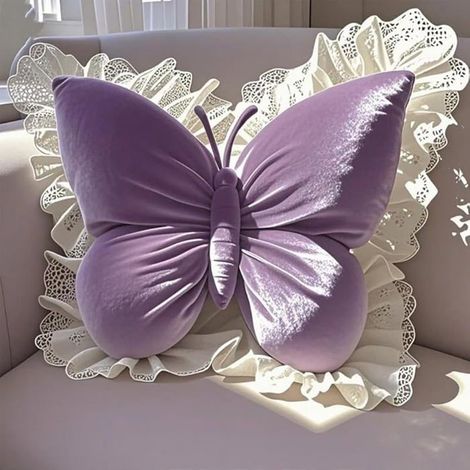 1 Coussin,Forme papillon,Velours,Dentelle,40x45cm,Violet,Canapé,Lit