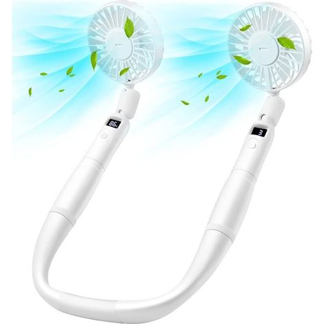 Ventilador de cuello y de mano, 2 en 1, recargable, con pantalla LED, ventilador portátil ajustable 360°, ideal para la oficina, viajes y actividades al aire libre (blanco). (1/5)