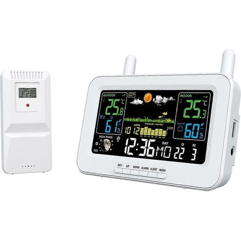 Digitale Wetterstation mit Farbbildschirm, Sonnenaufgangs- und Sonnenuntergangsanzeige, Thermometer und Hygrometer mit drahtlosem Außensensor, US-Stecker B (1/5)