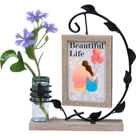 Cadre Photo, Cadre Photo 10x15 CM, Cadre Bois avec Vitre en Acrylique, Cadres Photo Personnalisé avec Vase et Arbre en Métal (Noir) (1/5)