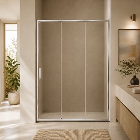 Paroi de douche avec 1 panneau fixe + 2 panneaux coulissants - 140 cm - Poignée à gauche - Transparente (1/5)