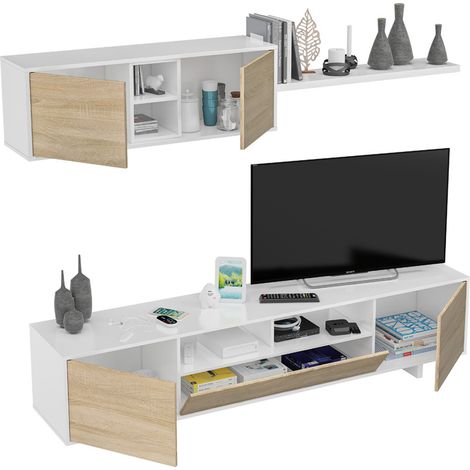 Ensemble TV coloris blanc brillant / Chêne canadien - Dim : 200 x 41 x 46 cm -PEGANE- (1/3)