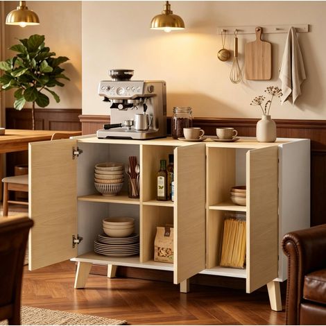 Buffet de cuisine nordique 120x35x73,5 cm à 3 portes et 6 compartiments, naturel et blanc (1/5)