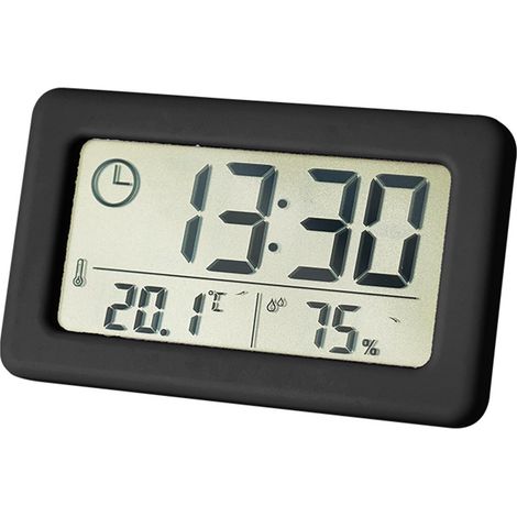 Thermomètre Hygromètre Numérique, Horloge LCD avec Grand Écran 12/24 Heures Suspendu et Debout Batterie Mince pour Chambre -noir