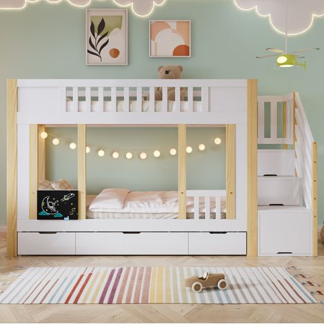 Cama litera infantil 90x200 cm blanco/natural en madera maciza y MDF con escalera de almacenaje y 3 cajones (1/5)