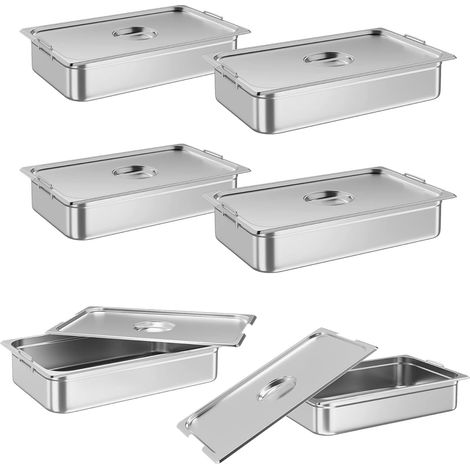 Serveur buffet, Lot de 6 Chauffeur alimentaire en acier inoxydable, GN 1/1, 53x32x6,5 cm, poignée et couvercle, anti-obstruction (1/5)
