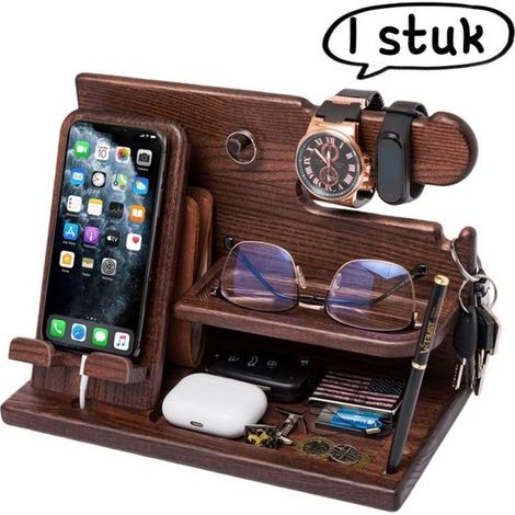pièce - Support de téléphone en bois - Organisateur de bureau multifonctionnel - Rangement pour clés et autres articles avec port de charge - Marron (1/5)