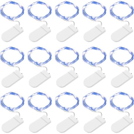 15 Pack Blue LED String Lights, 2M 20 LED Battery Operated Copper Wire Fairy Lights for Christmas Birthday, Wedding, Halloween (1/4)