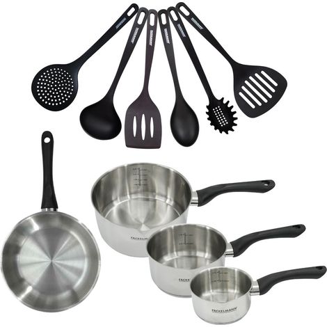 Set 1 poêle 24 cm 3 casseroles 12 16 et 20 cm en inox et 6 ustensiles Fackelmann Geneva (1/5)