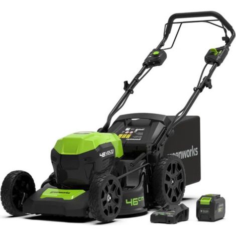 Cortacésped autopropulsado de 48 V, 46 cm, 3 en 1 con batería de 4 Ah – jardines de 350 m² – Greenworks (1/5)