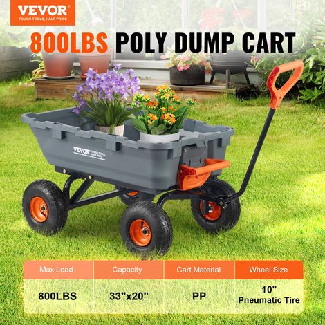Chariot à benne basculante, capacité de charge 363 kg​, chariot de jardin en polyéthylène robuste avec cadre en acier, poignée convertible 2 en 1, roues 255 mm, brouette utilitaire pour pelouse (1/5)