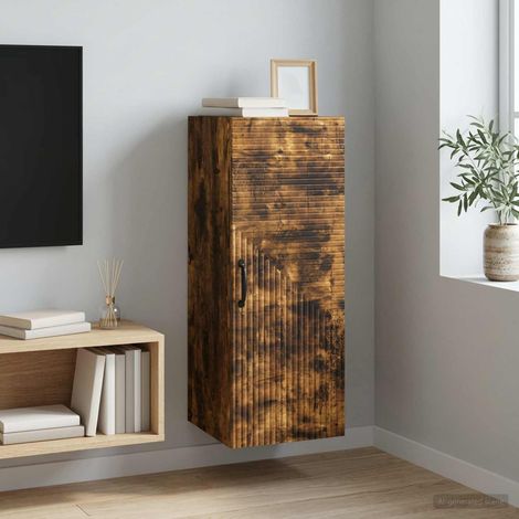 Armoire murale 1 porte avec 2 étagères en bois d’ingénierie chêne fumé 33 x 34,5 x 90 cm - PANGIVO (1/5)
