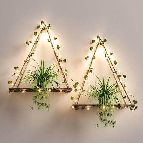 Ensemble de 2 étagères murales avec barre lumineuse LED en lierre artificiel, étagères en macramé (1/5)