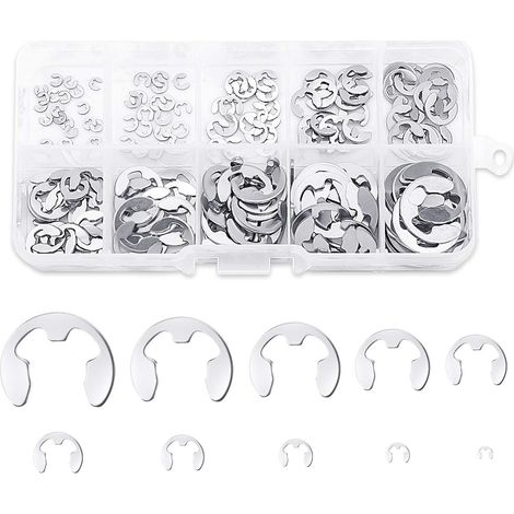 Circlip E - Acier Inoxydable 304 - Diamètres Intérieurs 1,5 à 10 mm - Pour Rainure D'Arbre Ou De Logement - Kit 200 Pièces Avec Boîte De Rangement (1/5)