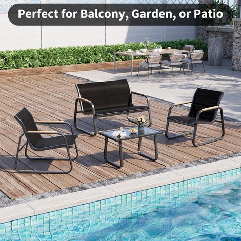 HAUSPROFI 4 Seater Garden Sofa Set, 2-Seater Loveseat + 2 Armchairs + Tempered Glass Coffee Table, Weatherproof Textilene Fabric, Powder-Coated Steel Frame, Outdoor Lounge Furniture for Garden, Conser (1/5)