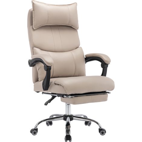 Chaise de bureau ergonomique en tissu beige, inclinable, avec soutien lombaire réglable, accoudoirs rembourrés et roulettes silencieuses  CHICFURN (1/5)