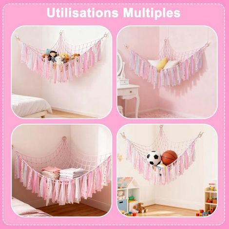 Hamac filet de rangement pour peluches et doudous, décoration rose bohème pour chambre d'enfant fille, suspendre pour ranger jouets et accessoires (1/5)