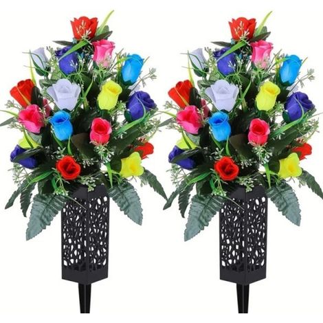 Jolies fleurs artificielles de cimetière avec vase, lot de 2 bouquets de lys roses artificiels (1/4)